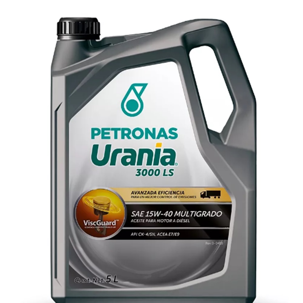 Aceite Urania 3000 LS 15W-40 CK-4, garrafa 5 litros para Camión y Tractocamión, Marca Petronas, compatible M2, Cascadia, OM906, OM926, OM904, Serie 60